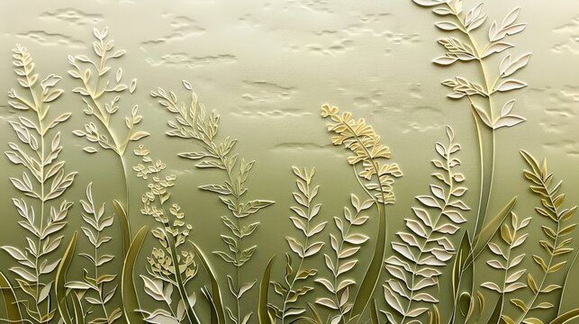 Closeup view of minimalist grasses and forbs embossed in green, gold and white on textured green paper