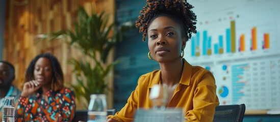 Strategic Planning Meeting: Diverse Investors Analyzing Growth Statistics with Black Female Executive Director at Whiteboard with Big Data Analysis