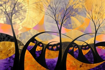 Abstract illustration featuring bare black trees amid bright colors and subtle patterns - purple, orange, gray