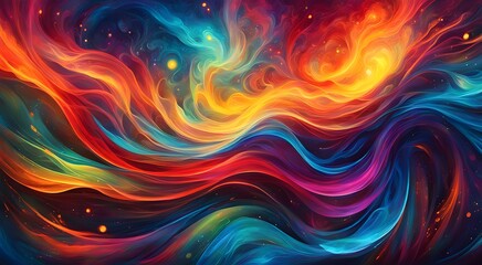 A colorful painting of a wave with a yellow and orange flame in the middle