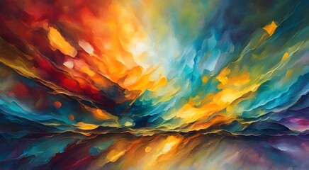 A colorful painting of a sky with a rainbow and clouds