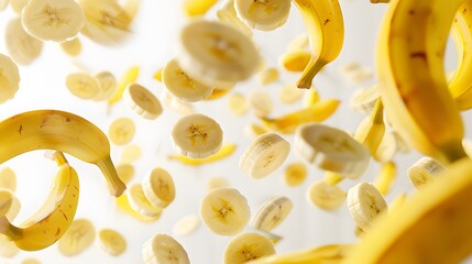 Flying banana slices, isolated on white background. 