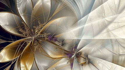 Abstract floral composition featuring delicate, intricate fractal forms in gold, purple, white and gray