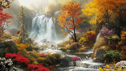 Idyllic Landscape: Fantasy Waterfall Surrounded by Autumn Trees and Flowers