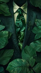 Business suit blending with green foliage
