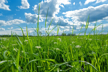 Obraz premium A lush green grass meadow outdoors, under the open sky.