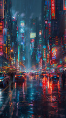 Fototapeta premium Abstract city skyline at night with lights background. Cyberpunk, dark blue, purple, urban scene. Modern architecture.