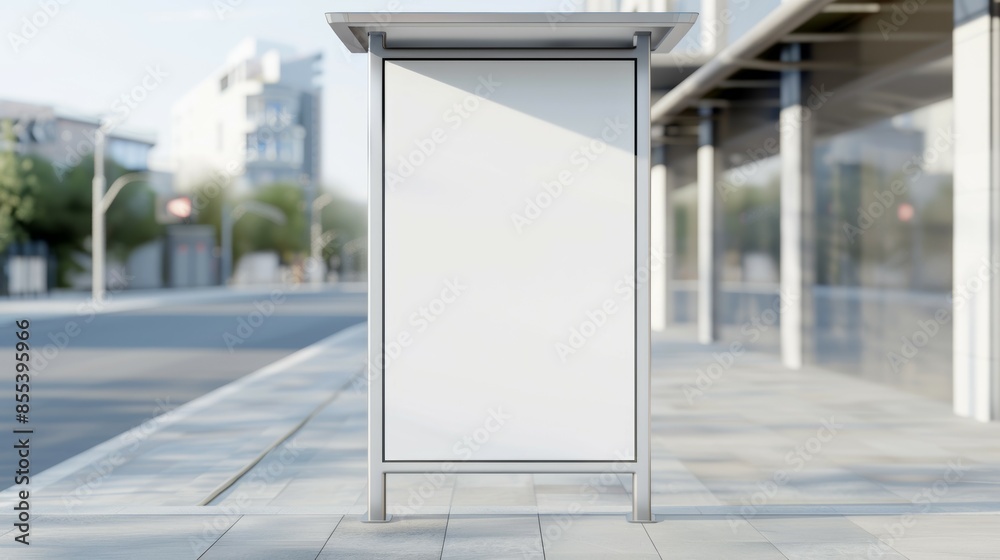 Poster A white sign is on a sidewalk in front of a building, mockup advertising space