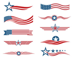 collection of USA star flag labels isolated on white background