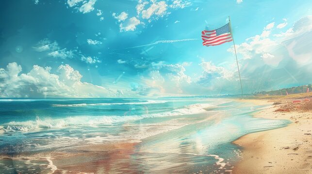 Beach outing with a large American flag selective focus, beach outing theme, vibrant, manipulation, sandy shore