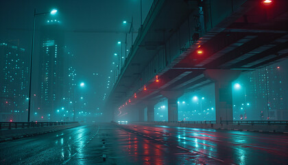 Abstract city skyline at night with lights background. Cyberpunk, dark blue, purple, urban scene. Modern architecture.