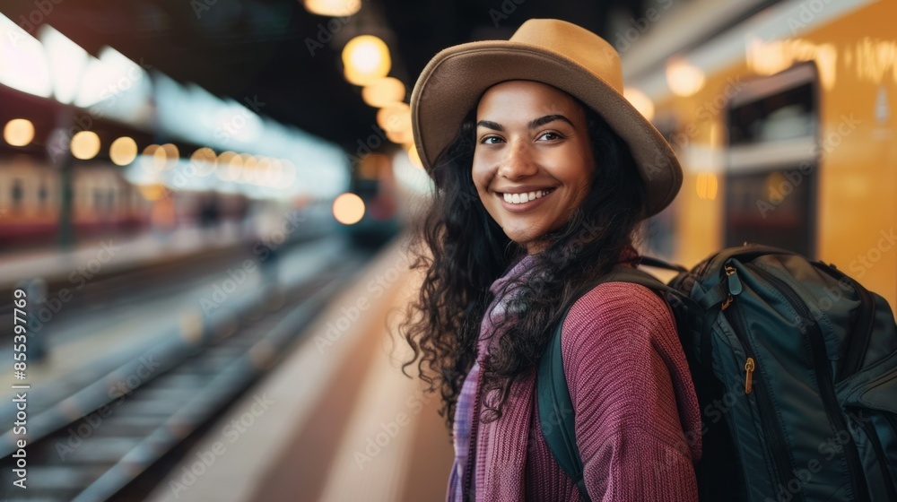 Poster A woman wearing hat and a backpack is smiling at the camera. She is standing in front of a train station