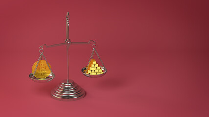 Obraz premium Bitcoin and gold bars on scale at equal weight 3D illustration render. Investment concept 