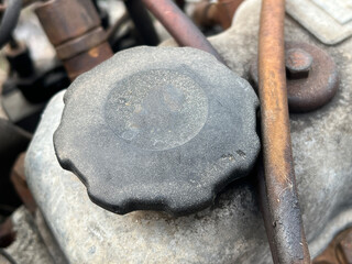 close up old car machine with oil tank