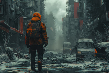 A decaying figure shuffling through an abandoned city street. Concept of urban apocalypse and decay. Generative Ai.
