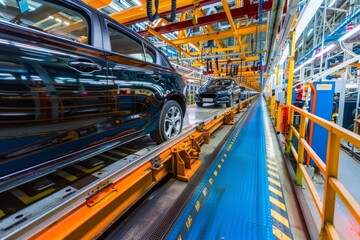Fototapeta premium Efficient assembly line of contemporary vehicles in a bustling factory for modern cars