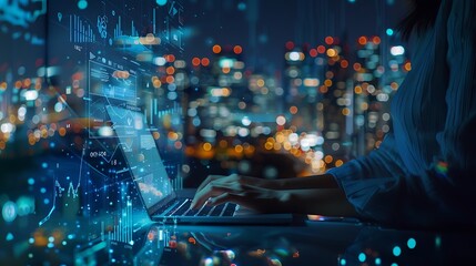 Fototapeta premium Double exposure trading growth graph on business and investment. Digital technology background - Generative AI