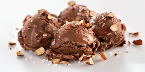 Decadent salted chocolate and almond gelato, a closeup of decadent salted chocolate and almond gelato, rich with nutty chunks, set against a white background