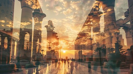 Mystical Egypt: Double Exposure of Karnak Temple and Divine Gods