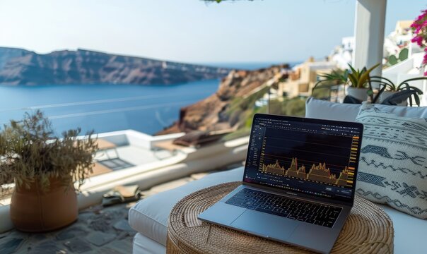 Stock chart on laptop screen in luxury apartment with rooftop view in Greece - Powered by Adobe