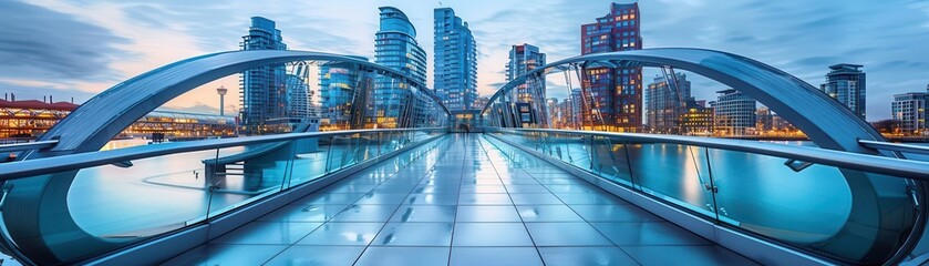 Obraz premium Modern glass bridge, cityscape, dusk lighting, blue tones, futuristic, innovative design