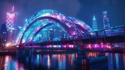 Obraz premium Architectural bridge, futuristic city, holographic effects, night glow, neon colors, sci-fi style