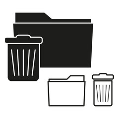 Folder and trash icons. Black and white. Vector office symbols. Document management.