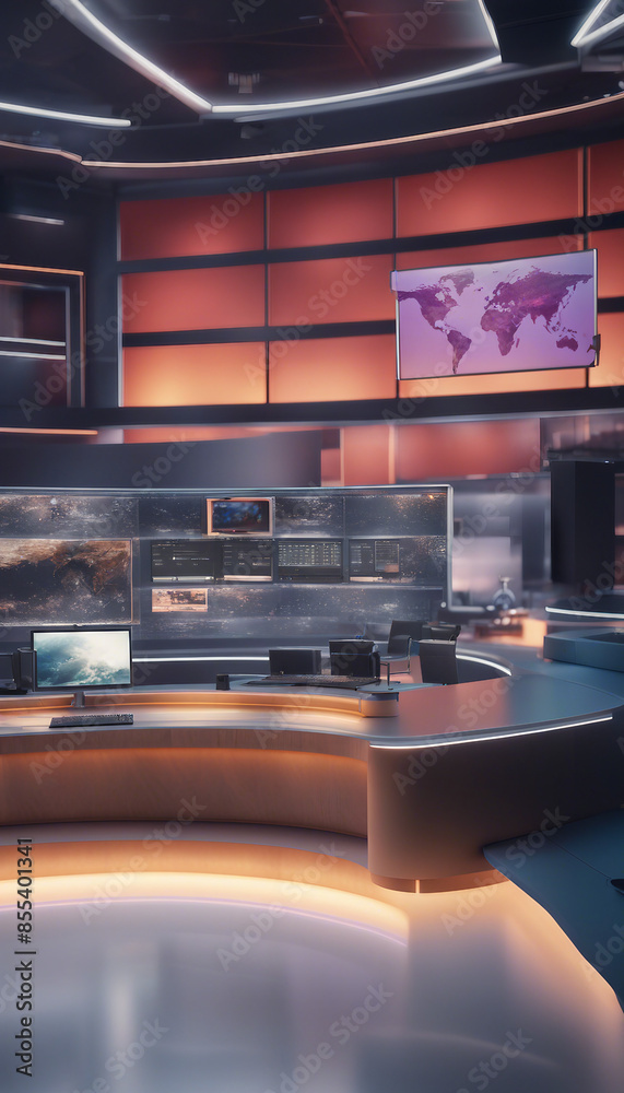 Wall mural Modern 3D Render of News Studio Space with World Map on Flat Screen Vibrant Lighting and Sleek Desig