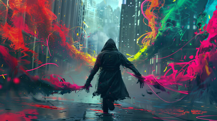 A hooded figure walks in a futuristic cityscape, surrounded by vivid, colorful light trails creating a dynamic and surreal atmosphere, blending urban and fantasy elements