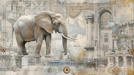 A detailed illustration featuring an elephant standing prominently amidst a collage of architectural elements and historical buildings, blending nature and urban themes in a surreal composition