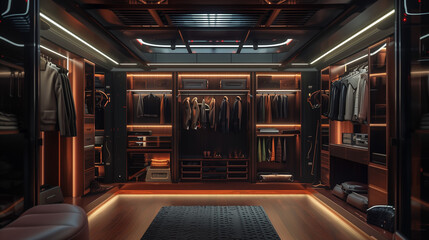A luxurious modern walk-in closet featuring sleek illuminated shelving, organized clothing, and sophisticated design, providing a sense of opulence and style