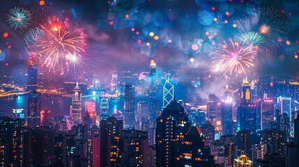 Fireworks illuminating the night sky focus on, celebration theme, vibrant, double exposure, city skyline