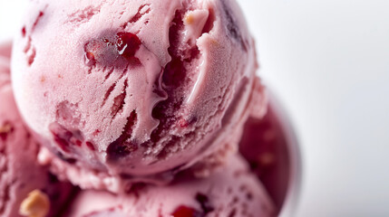 Decadent amaretto cherry ice cream, a closeup of decadent amaretto cherry ice cream, its rich color and chunks of cherry and amaretto flavor against a white backdrop