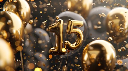 Happy 15th birthday gold foil balloon greeting background. 15 years anniversary logo template- 15th celebrating with confetti. Illustration 3D.
