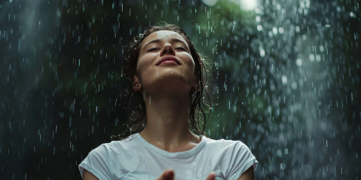 woman in white t-shirt in the rain enjoying summer time