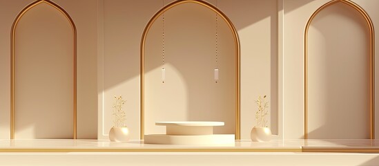Islamic podium, elegantly crafted with clean lines and minimalist aesthetics, adorned with subtle Islamic motifs and gold accents, perfect for displaying products, presentations, and stage events