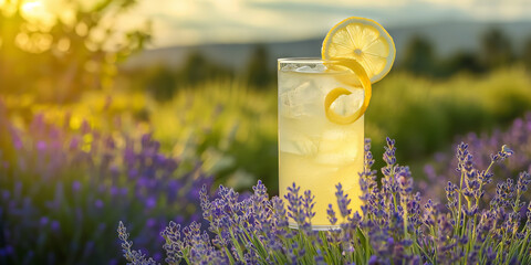 An aromatic lemon lavender cocktail, presented in a tall glass, infused with lavender and garnished with a lemon twist