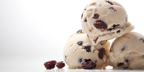 Decadent dark rum and raisin ice cream, an image of decadent dark rum and raisin ice cream, its creamy texture and rum-soaked raisins against a white backdrop, ideal for showcasing indulgent
