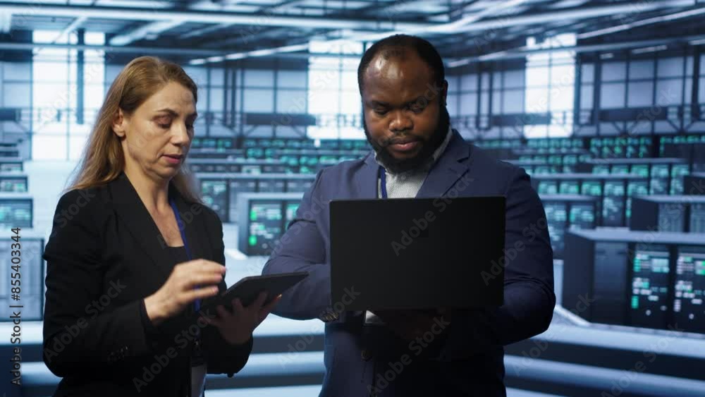 Poster system administrators in data center overseeing server operations using notebook and tablet. colleag