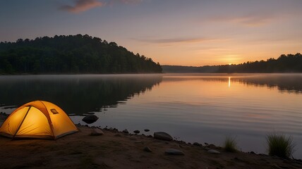 Capture a serene lakeside campsite at sunrise.
