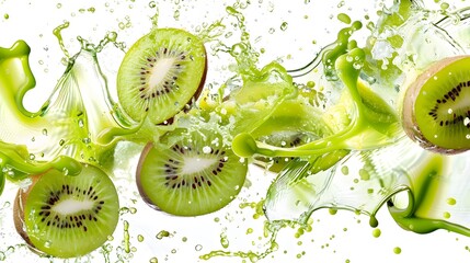Whole and sliced kiwi with splashes of juice, isolated on a white background. 