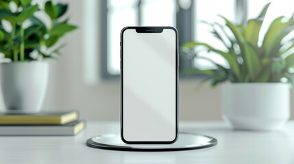 A white Phone is sitting on a table next to a potted plant, mockup