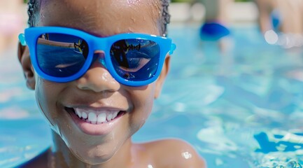 Naklejka premium A young boy wearing blue sunglasses is smiling and splashing in a pool, aquapark or water park