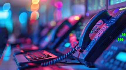 Automated call distribution system managing incoming calls and customer service in a modern high tech office environment at night with colorful bokeh lighting effects