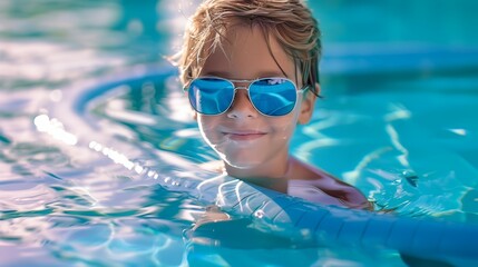 Naklejka premium A young boy is in a pool wearing sunglasses and a blue float, aquapark or water park