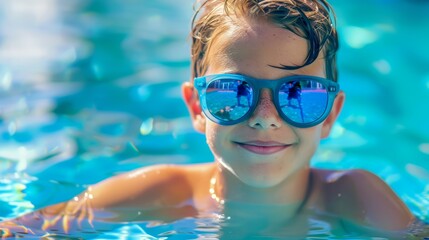 A young boy is smiling and wearing sunglasses while swimming in a pool, aquapark or water park