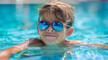 A young boy is in a pool wearing sunglasses and smiling, aquapark or water park