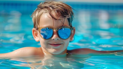 Naklejka premium A young boy is in a pool wearing sunglasses and smiling, aquapark or water park