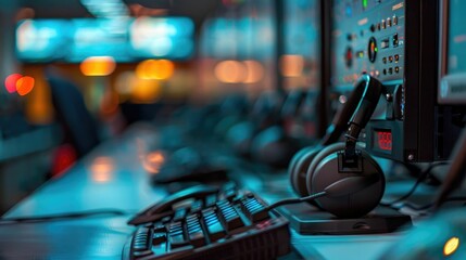 Close up view of an automated call distribution system managing and processing incoming calls in a modern contact center or customer service workplace  The system features various computer equipment