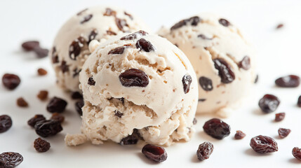 Decadent dark rum and raisin ice cream, an image of decadent dark rum and raisin ice cream, its creamy texture and rum-soaked raisins against a white backdrop, ideal for showcasing indulgent